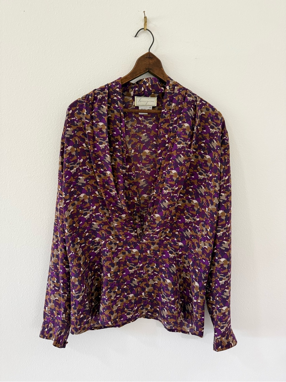 Vintage Spenser Jeremy 100% Silk Blouse Draped Neck Purple Camo Abstract Size 8